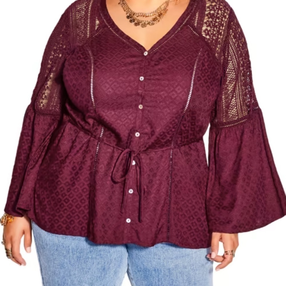 Sterling Reine Wine Sweet Dream Top‎ Boho V cleavage buttoned down eyelet Sz XL
